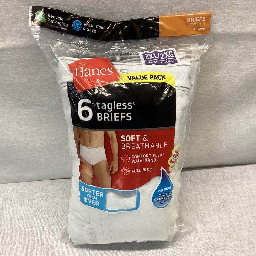 HANES 100% COTTON MEN’S FULL RISE BRIEFS 6 PACK SIZE: 2XL COLOR: WHITE